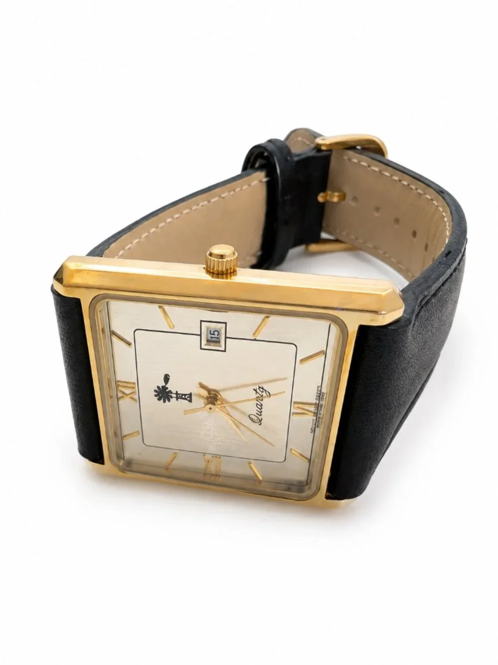 Vintage Gold-Tone Rectangular Quartz Dress Watch – Black Leather Band – Date